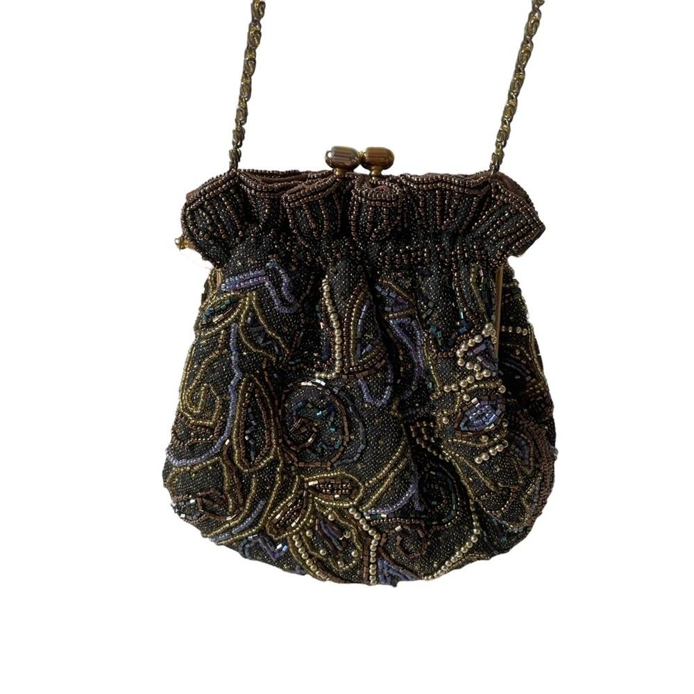 Vintage 1980s Beaded Evening Bag Kisslock Chain Strap Brown Purple Gold EUC - Picture 2 of 12